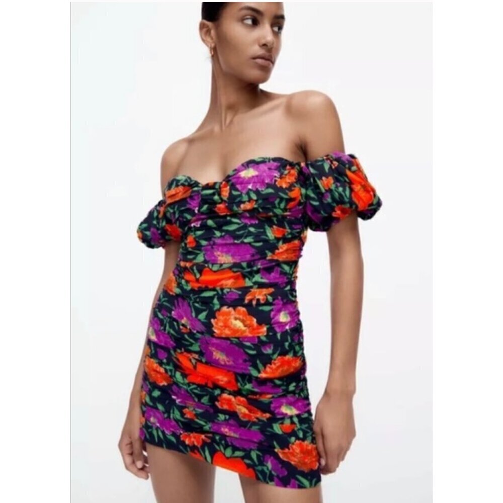 NWT ZARA FLORAL PRINT OFF-SHOULDER MINI DRESS, SIZE XS